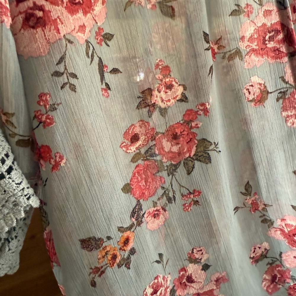 Floral Sheer Kimono Duster with Crochet Light Blue Pink Boho Layering Romantic - Picture 11 of 16